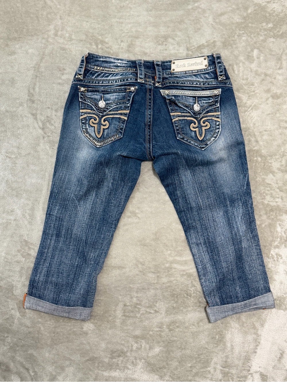 Rock Revival Alexia Cropped Capri Jeans Embellished Flap Pocket Denim Size 29